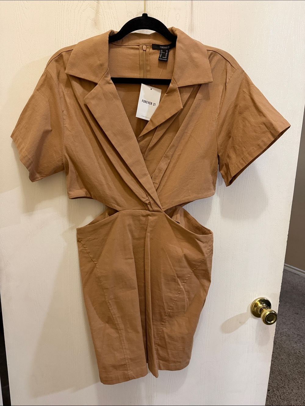 Forever 21 Tan Cutout Short Sleeve Jumpsuit